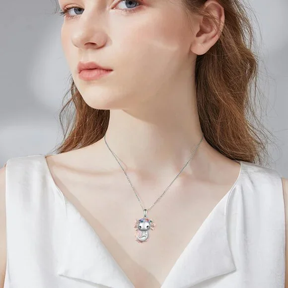 Cute Axolotl Sterling Silver Necklace with Colored Zircons, 20 chain, charming